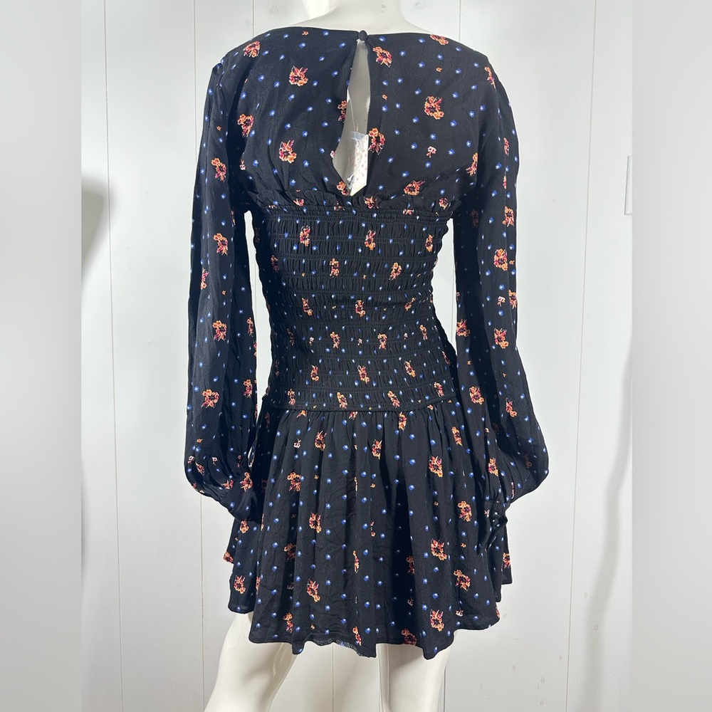 NWT Free People Black Smocked Floral Mini Dress Size Small S Long Sleeve - Picture 7 of 12